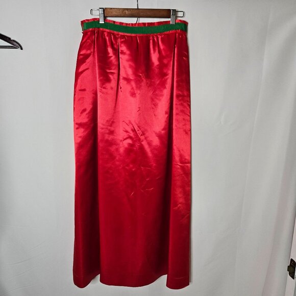 Vintage Red Satin Maxi Skirt Medium Christmas Green Ribbons & Floral Appliqués - Picture 5 of 9